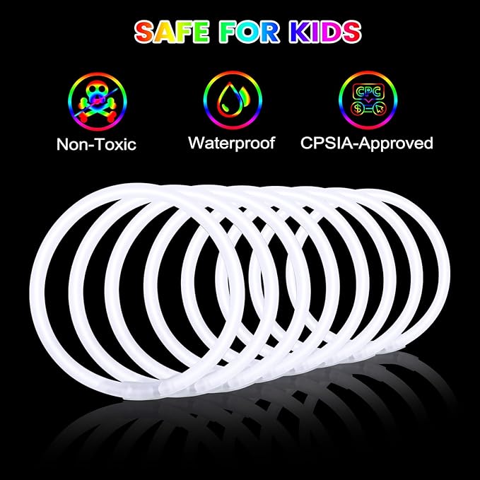 White Glow Sticks Bulk Party Favors 100 Pack 8" Glow in the Dark Party Supplies Neon Party Decorations Glow Bracelets Necklaces for Adults Kids Halloween Christmas Easter Birthday Wedding