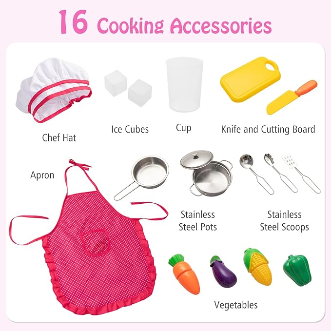 KOTEK Play Kitchen with Lights and Sounds, Wooden Toddler Kitchen Playset with Ice Maker, Washing Machine, Range Hood, 16 Pcs Toy Food & Cookware, Gift Chef Pretend Kitchen Set for Kids (Pink)