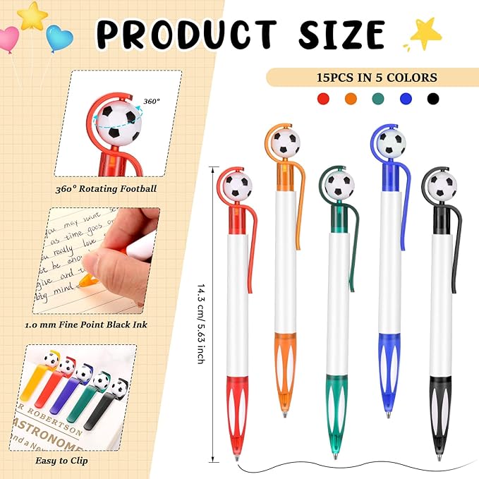 Sabary 30 Pcs Sport Theme Party Favors Set, 15 Pcs Soccer Pens 15 Pcs Soccer Theme Bracelets Ballpoint Pens Adjustable Bracelet Sport Party Gifts for Kids Teens Team Members (Multicolor)
