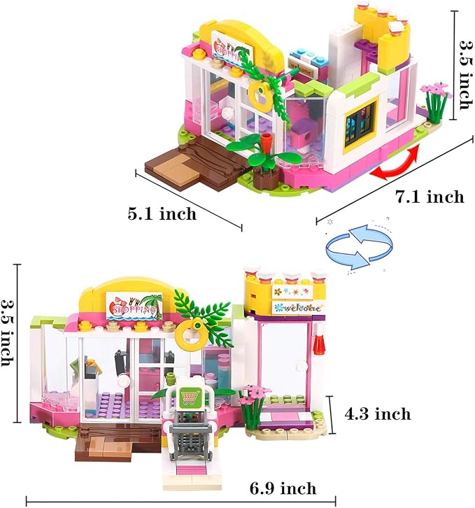 BRICK STORY Girls Friends Supermarket Building Set 376 PCS, Seaside Grocery Store Flower Shop Building Kit, Beach Shopping Mall Toy Educational Building Blocks Gift for Kids Ages 6-12