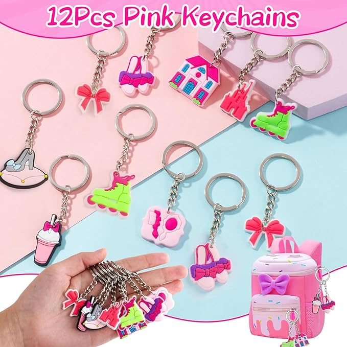 110 Pink Party Favors Princess Birthday Supplies Straw Bubble Silicone Bracelet Keychain Tattoo Sticker Girl Kid Toy Gift Goodie Bag Stuffer Filler Makeup Party Decorations