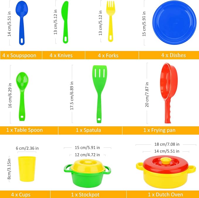 Flormoon Play Dishes Set - 27pcs Durable Pretend Play Cooking Toys - Super Sturdy, BPA Free, Food Safe, Phthalate Free - Kid Dishes Kitchen Toys for Boys and Girls 2+ Years