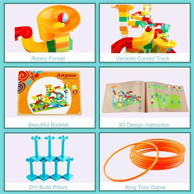 2-in-1 Kids Toys for 2 3 4 5 6 7 + Year Old Boys Girls Toddlers Upgrade Classic Big Bricks Marble Run Building Blocks, Toss Ring Games Compatible with All Major Brands for Christmas Birthday
