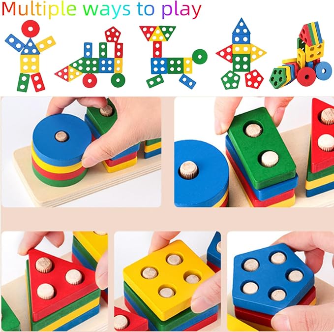 Shape Puzzles Wooden Puzzles for Toddlers 1-3, Color Shape Sorter Stacking Matching Sensory Toys Educational Learning Puzzle Toys for Boys Girls Preschool Birthday, Multicolor