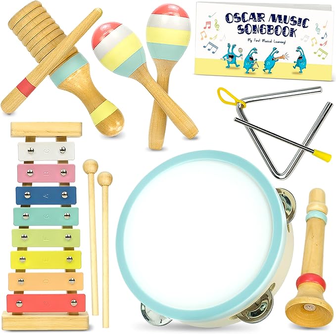 MINIARTIS Musical Instruments Set - Montessori Wooden Toys for Toddlers 1-3 | Modern Boho Baby Xylophone with Songbook | Neutral Colors Percussion Instruments | Kids Preschool Educational