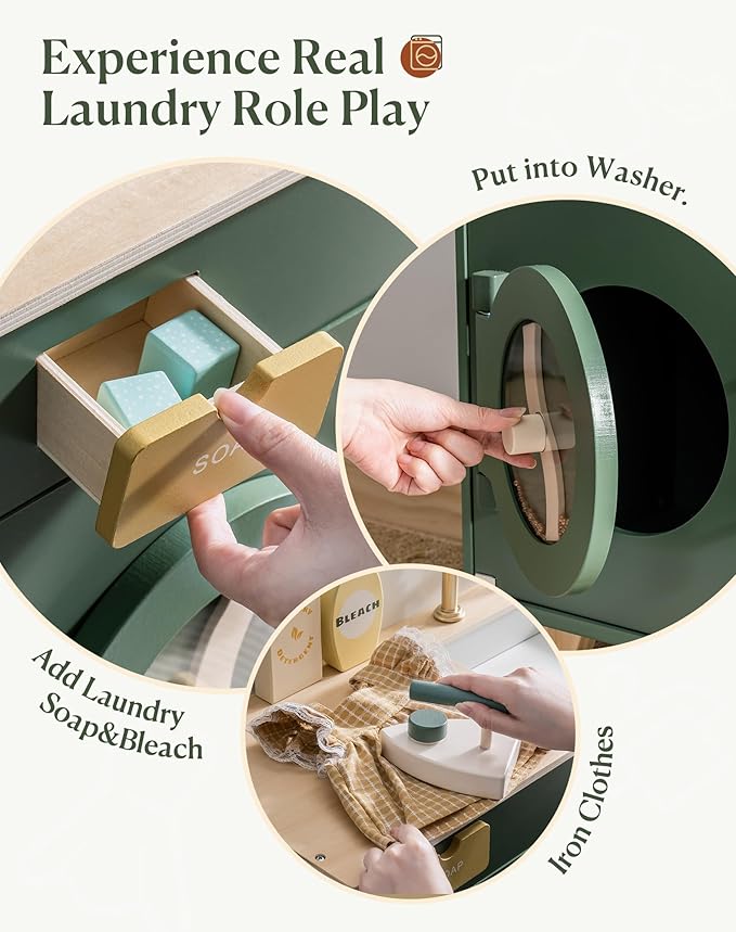 ROBOTIME Play Kitchen Set- Wooden Toy Washing Machine, Kids Washer and Dryer for Kids Kitchen Playset with Realist Sound/Iron, Pretend Play Kitchen for Toddlers (Vintage Green)