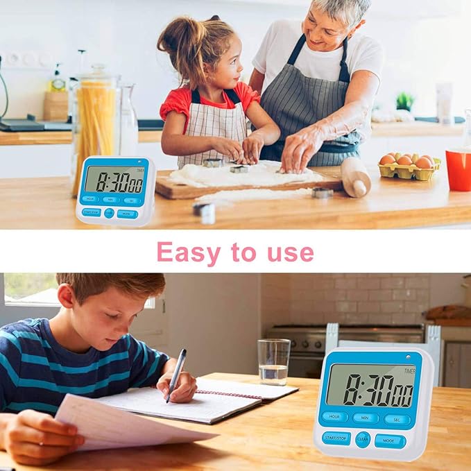 Upgraded Digital Kitchen Timer, ON/Off Switch, 12/24 Hour Clock and Silent Timers, Count Up & Count Down for Kids Teachers Cooking Games Office, Large LCD Display, Loud Alarm and Strong Magnet (Blue)