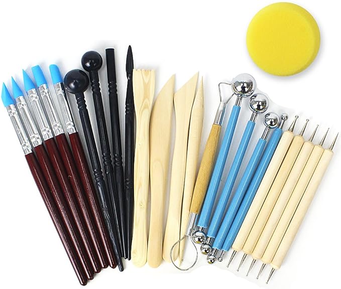 RUBFAC Polymer Clay Tools, Clay Tools Kit, 24pcs Clay Sculpting Tools Set with Stylus and Rock Painting Kit - Air Dry Clay Modeling Tools for Pottery and Sculpture