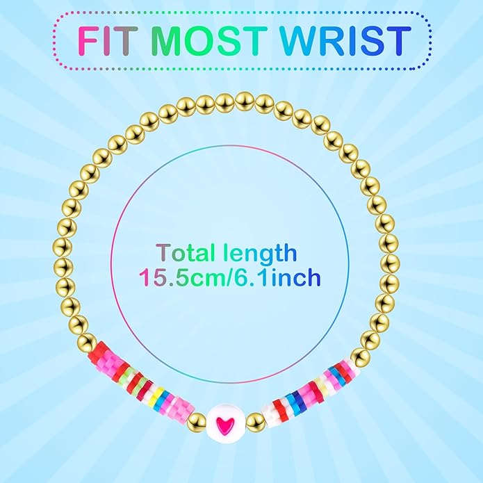 Sureio 24 Pcs Colorful Groovy Retro Friendship Bracelets Heart Hippie Surfer Friendship Bracelets Stretch Beaded Kids Bracelet for Tween Girls Women Groovy Party Favors