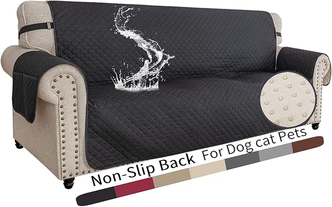 XINEAGE Quilted Sofa Cover Waterproof Couch Covers for 3 Cushion Couch, Super Soft Washable Slipcover with Pockets & Non-Slip Elastic Straps, Thick Furniture Protector (Sofa, Black)