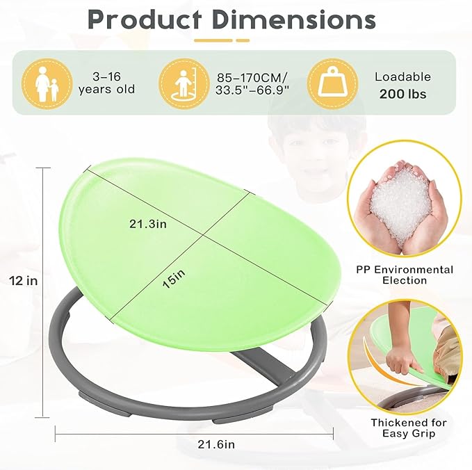 BABAMU Autism Kids Swivel Chair,Sit and Spin Chair for Kids,ADHD Sensory Integration Therapy,Training Body Coordination,Wobble Disk for Toddlers,Improve Focus,Metal Base Non Slip Safer(Green)