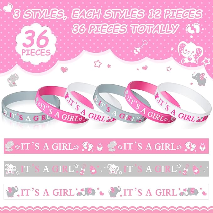 Zomiboo 36 Pieces Baby Shower Rubber Bracelets, It's a Girl Wristbands Elephant Baby Shower Decorations for Boy Girl Baby Shower Party Favor Gender Reveal Party Supplies(Girl Style)