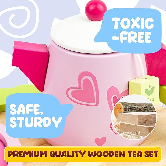 Wooden Play Tea Set for Little Girls - Tea Party Set with Teapot, Cookies, Pretend Play Food and Other Kitchen Accessories, Toys for Girls Boys 3 4 5 6 7 8 Years Old