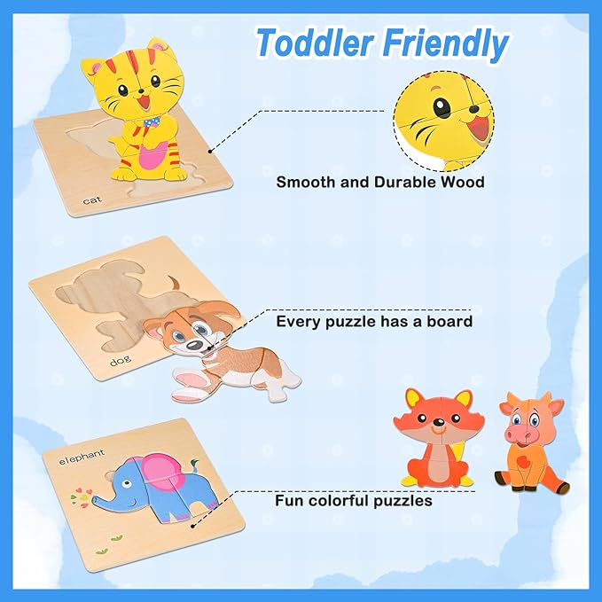 8pcs Wooden Puzzles for Toddlers 1 2 3 4, Toddler Puzzles Ages 1 2 3 4, Montessori Educational Jigsaw Toys Puzzles Christmas Birthday Gift for Kids Girl Boy 1-4 Year Old (Zoo Animals)