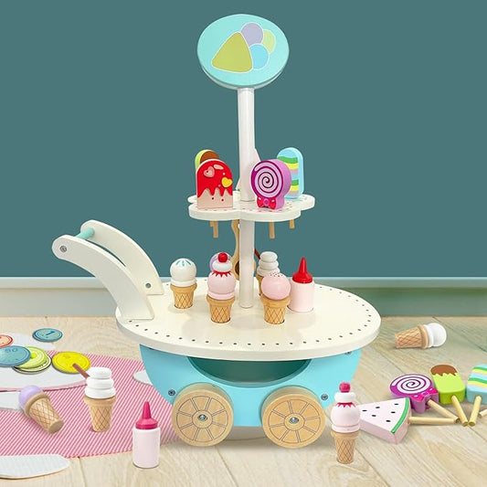 Wooden Ice Cream Truck Toy Playset with Ice Cream Toys,Ice Cream Cart Toys for Toddlers and Kids 3-7,Learning Toys for Boys & Girls, Daycare/Preschool Educational Toys,Pretend Play Toys