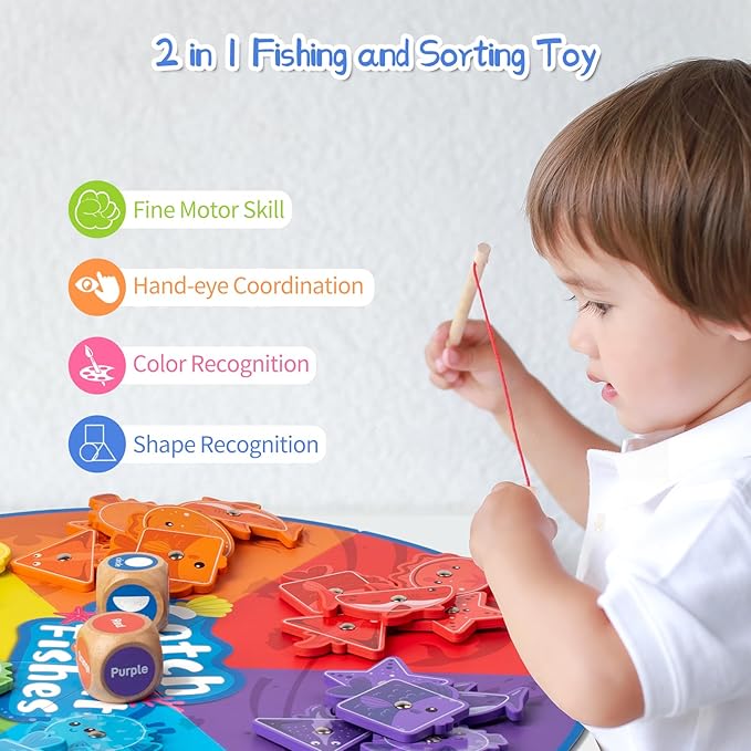 Montessori Toy for Toddlers 1-3, Fine Motor Skill Wooden Magnetic Fishing Game for Year Old Kids, Early Learning Color and Shape Sorter Toys for Ages 2-4 Girls Boys Preschool Educational Gift