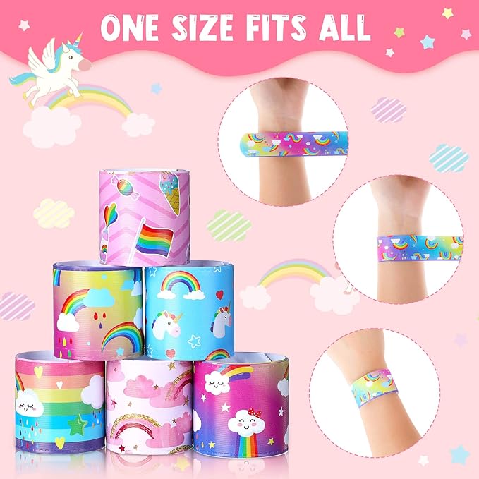 Junkin 24 Pcs Rainbow Party Favor Rainbow Slap Bracelets for Kids Wristbands Bracelets Cloud Party Favor Unicorn Rainbow Party Decoration Girl Boy Kid Baby Shower Party Supplies Magical Party (Lovely)