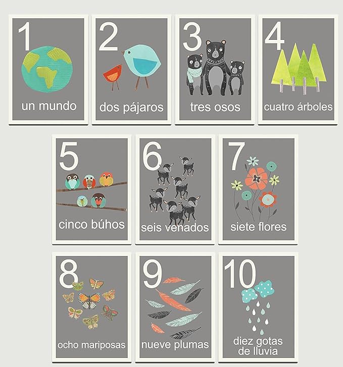 Children Inspire Design Our World Counting Cards in Spanish, Number Flash Cards, Set of Ten 11x14 Inch Print Wall Art Prints, Nursery Wall Decor, Kid's Art Decor, Gender Neutral Nursery, Nature