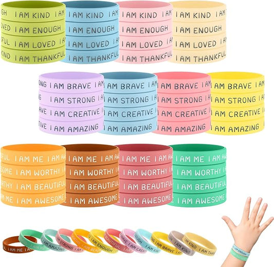 Sratte 48 Pcs Inspirational Silicone Wristbands Rubber Stretch Unisex Bracelets Student Gift Stocking Suffers for Class(Fresh Color)