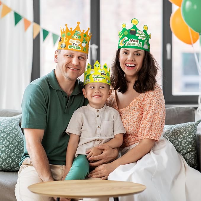 WorldBazaar St. Patrick's Day Crown Hat Craft for Kids 24 Pack Lucky Shamrock Clover Paper Hat with Stickers Green Irish Classroom Family Party Favors Supplies