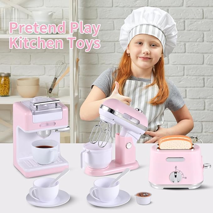 Kitchen Appliances Toys, Play Kitchen Accessories, Toy Kitchen Appliances for Kids, Pretend Kitchen Toys with Coffee Maker, Mixer and Toaster, Toy Kitchen Set Birthday Gift for Kids Ages 3+ (Pink)
