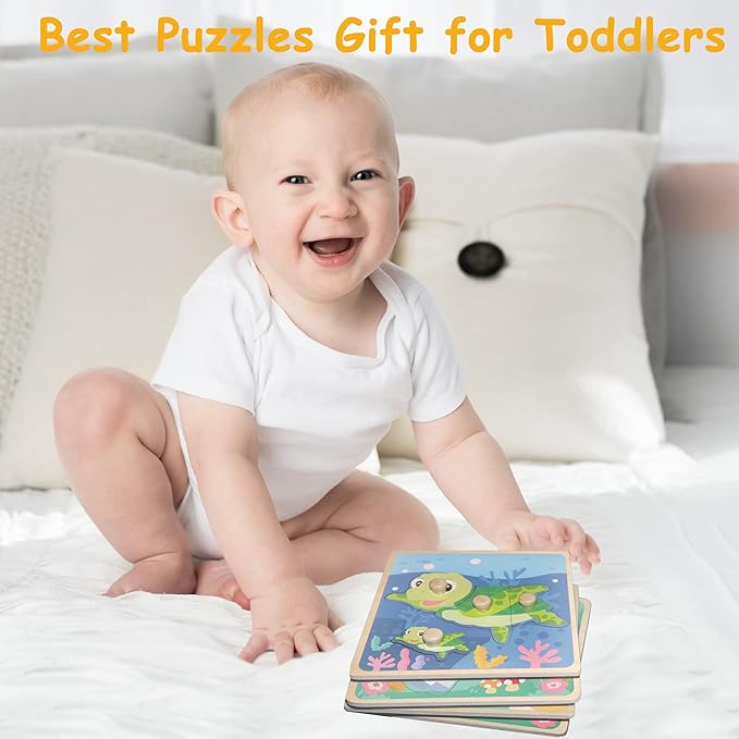Wooden Toddler Puzzles, Funsland Peg Puzzles Gifts Toys, 4 Pcs Eco Friendly Animal Patterns Jigsaw with Handles, Infant Kid Fine Motor Skill Learning Educational Montessori Puzzles for 1 2 3 Years Old