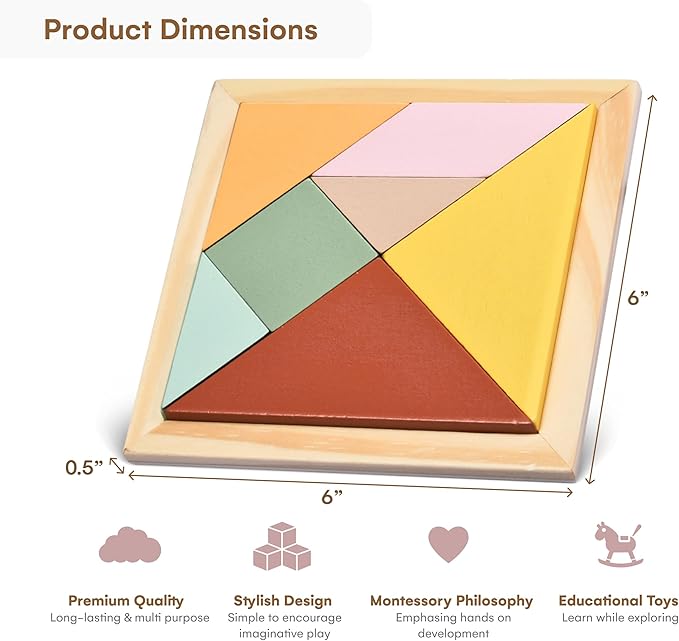 Childlike Behavior 6 inches Puzzle Board - Tangram Wooden Puzzle - Brain Teaser Puzzles Block for Kids & Adult - Wood Block Puzzle - Logic Puzzle - Educational Sensory Toys for all ages