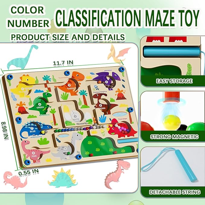 JRD&BS WINL Magnetic Color and Number Maze - Montessori Toys for 3-6Year Old Boys Girls, Wooden Magnet Puzzle Game Board for Toddlers (Dinosaur)
