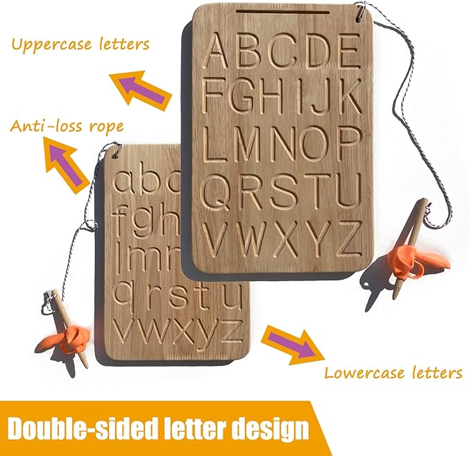 Montessori Alphabet Tracing Board, Oak Made Come with 26 Pcs Cards & Pen Grip Toddlers Double-Side Learning Toys ABC 3+ Kids Preschool Practice Materials Letters Writing Homeschool
