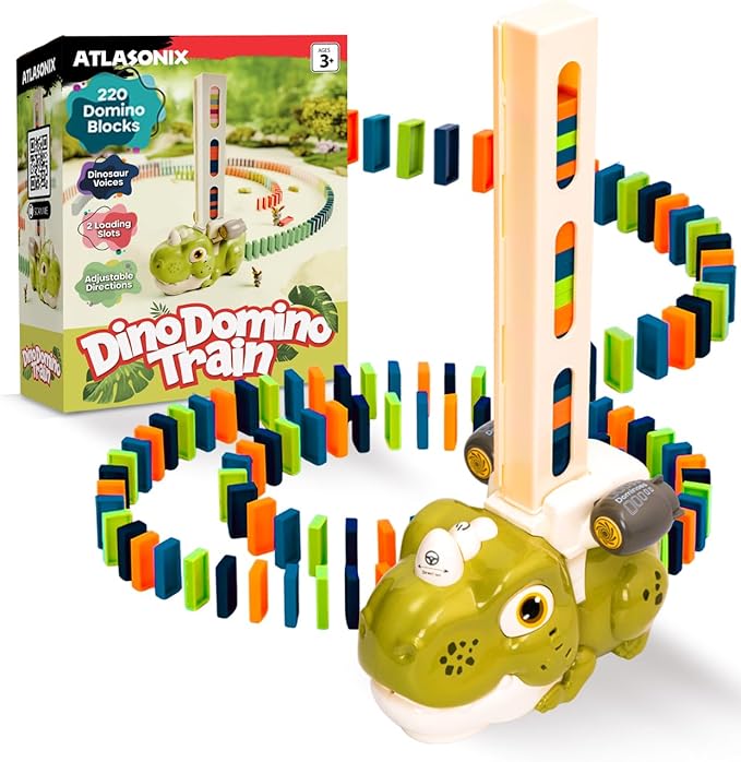 Atlasonix Dino Domino Train - 220 Dinosaur Dominoes Set for Boys & Girls - Birthday Gift Ages 3-10 - Montessori Jurassic T-Rex Toy with Automatic Rally Setter - Block Laying Machine
