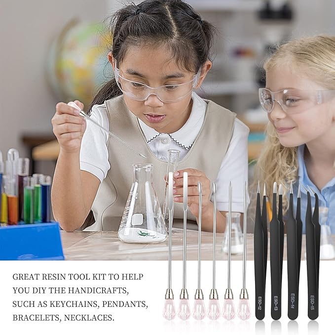 11 Pcs Resin Spoon Tools Kit-Metal Stir Sticks Resin Spoons Poke Needle with Anti-Static Stainless Steel Precision Tweezers Set for Resin Crafts,Jewelry Making,DIY Epoxy Silicone Resin Molds(Pink)