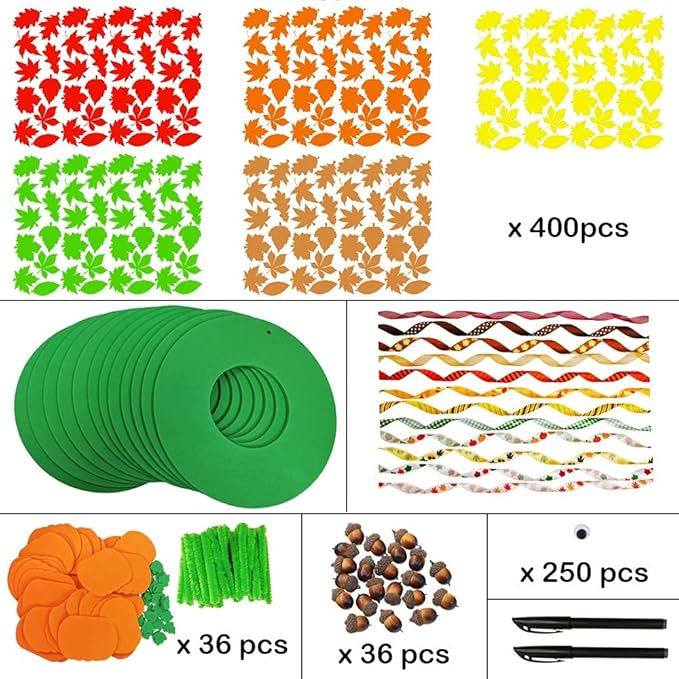 Supla 12 Kits 3D Pumpkin Fall Leaf Wreath Craft Kit DIY Thanksgiving Wreath with Maple Leaves Acorns Bows Wiggle Eyes for Kids Crafts Fall Thanksgiving Halloween Seasonal Decoration