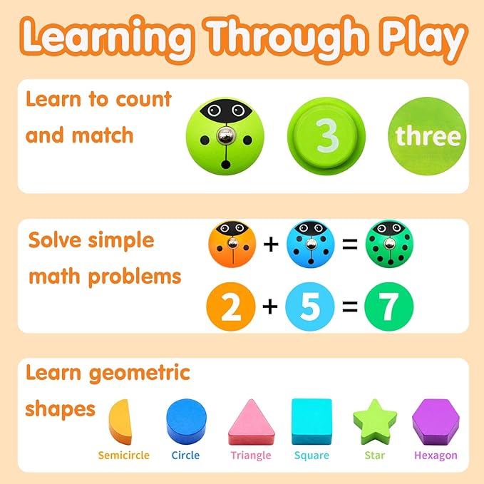 Wooden Ladybug Montessori Toys for 1 2 3 4 Year Old Boy Girl Christmas One 1st Birthday Gift Magnetic Fishing Game for Toddler 1-3 2-4 Educational Learning Number Counting Shape Sorter Sorting