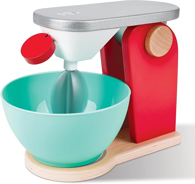 Hape: Wooden Mix & Bake Set - Red - Wooden Kitchen Toy Appliance, Pull String Spinning Blades, Realistic Baking, Interactive Pretend Play, Kids Age 3+