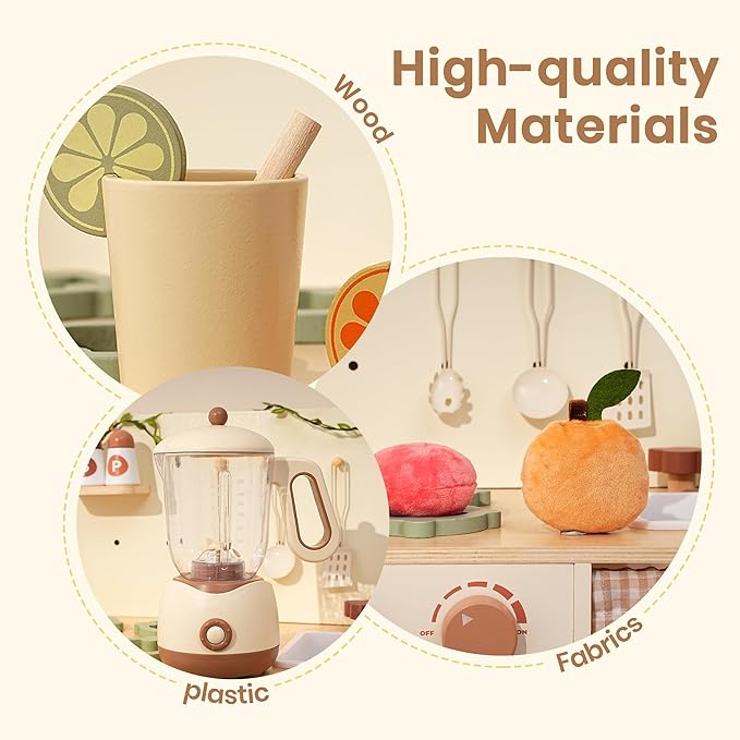 ROBOTIME Kids Toy Kitchen Set - Wooden Play Kitchen Appliances with Toaster, Blender with Realistic Sounds, Play Kitchen Accessories Toy Food Set for Kids - Kitchen Playset for Toddlers(2-Set)