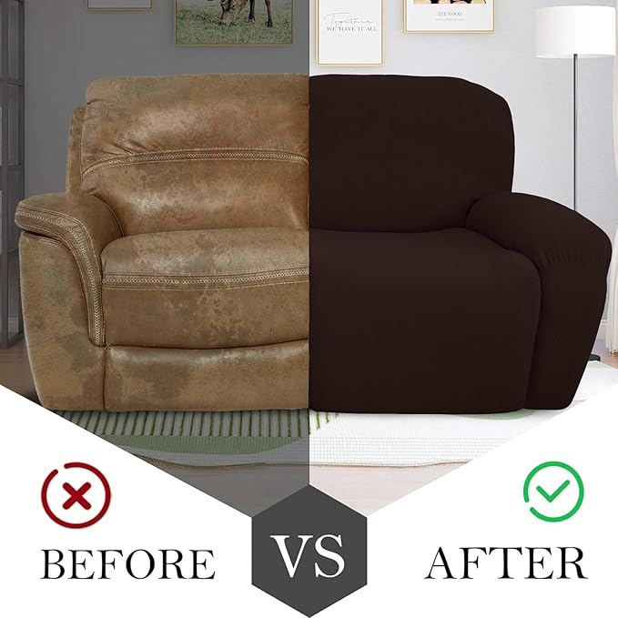 JIVINER 6-Piece Loveseat Recliner Slipcover Stretch Jacquard Recliner Sofa Cover 2 Seater Washable Reclining Couch Cover with Pocket Fitted Furniture Protector Cover (Loveseat Recliner, Dark Coffee)