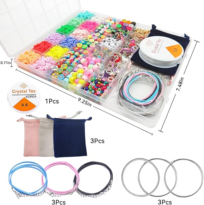 leitait Assorted Beads Bracelet Making Kit, 3000Pcs Flat Clay Beads Jewelry Making Kits, Christmas Birthday Gifts Toys for Girls Age 8-12
