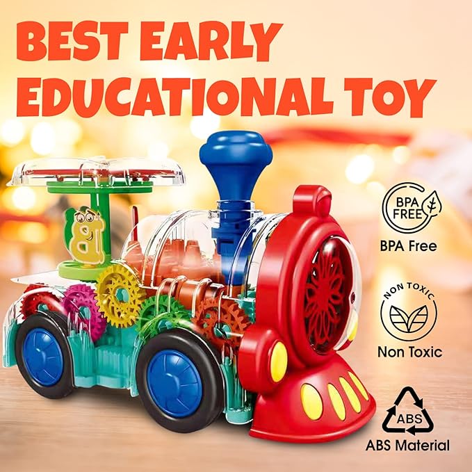 Transparent Train Toy - Fun and Interactive Electric Train Toy for Kids - Music Train with LED Light up - Colorful Moving Gears -Tummy Time Crawling Baby Toys for Boys Girls
