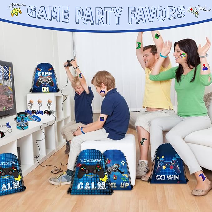 122Pcs Video Game Party Favors, Gamer Party Favors for Boys Includes 13 x 11 Inch Video Game Party Drawstring Bags Bracelets VIP Passes with Lanyards Keychains Tattoo Stickers for Gaming Party Favors