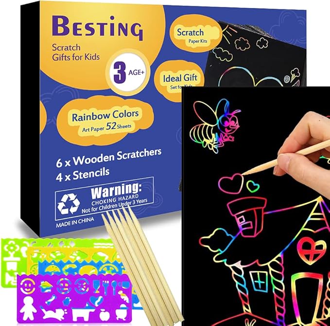 52 Pcs Rainbow Scratch Paper Art Set 8.3" x 11.02" Black Scratch Off Big Size Art Book Crafts Kit Ideal for Kids DIY Party Favors Game Activities Birthday and Christmas Gifts (SP862)