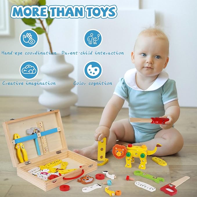 Wooden Kids Tool Set, Toddler Tool Kit with Wooden Toolbox,Construction Set for Kids,Educational DIY Construction STEM Toy, Animal Building Blocks Assembly, Preschool Learning Gift for Boys and Girls