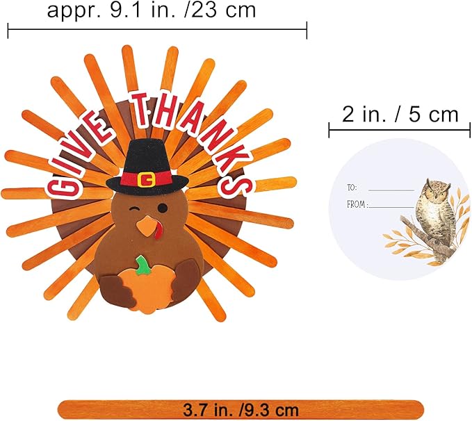 Winlyn 12 Sets Thanksgiving Wreath Signs Decorations Art Sets DIY Give Thanks Thanksgiving Craft Kits Fall Crafts Wood Craft Sticks Turkey Foam Stickers Googly Eyes for Kids Party Classroom Activities