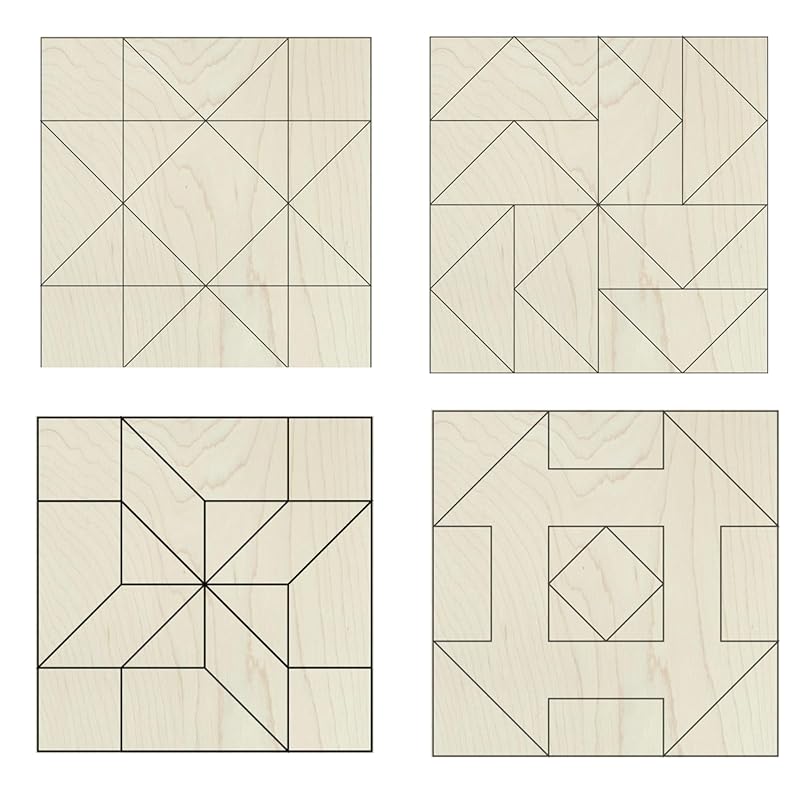 Set of Four 9 Inch Barn Quilt Kit DIY Pattern Unfinished Wood Quilting Block Sign Paintable Crafts for Women, Children, Men, Party (HST, Friendship Star, Dutch Square, Flying Geese) AVTR