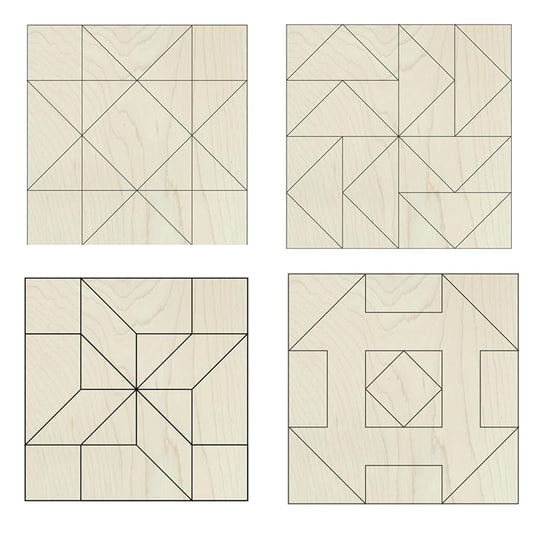 Set of Four 9 Inch Barn Quilt Kit DIY Pattern Unfinished Wood Quilting Block Sign Paintable Crafts for Women, Children, Men, Party (HST, Friendship Star, Dutch Square, Flying Geese) AVTR