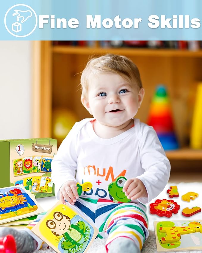 Benresive Wooden Toddler Puzzles Ages 1-3, Montessori Toys for 1 2 3 Year Old Boys Girls, 8 Pack Animal Toddler Toys Gifts for 1 2 3 Year Old Boys Girls, Learning Educational Preschool Toys