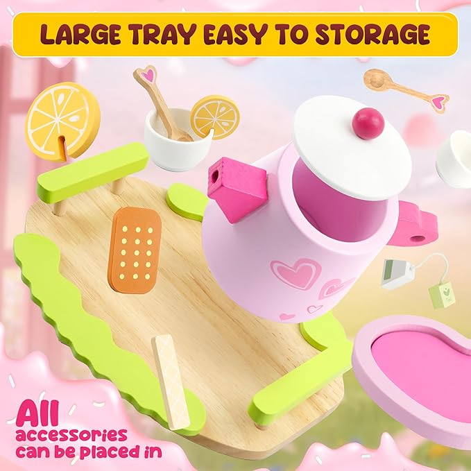 Wooden Play Tea Set for Little Girls - Tea Party Set with Teapot, Cookies, Pretend Play Food and Other Kitchen Accessories, Toys for Girls Boys 3 4 5 6 7 8 Years Old