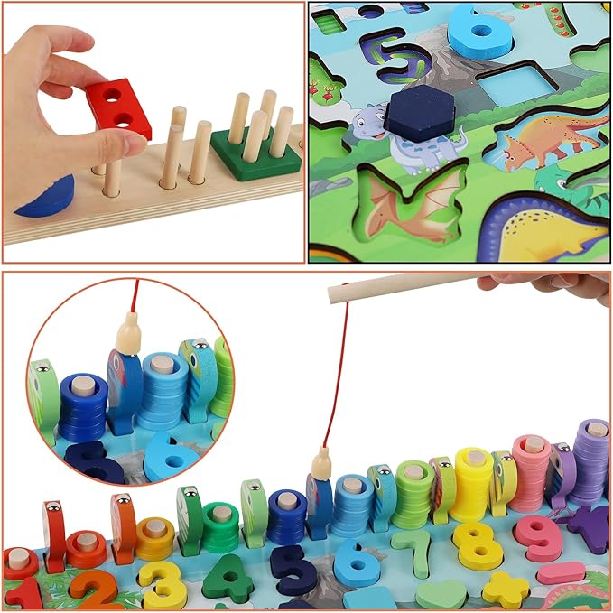 Glintoper Christmas Wooden Gift for Toddlers, Number Puzzle & Sorting and Stacking Toys Set for Kids 2 3 4 5, Montessori Magnetic Fishing Game, Shape Sorter Color Stacker Preschool Activities Gifts