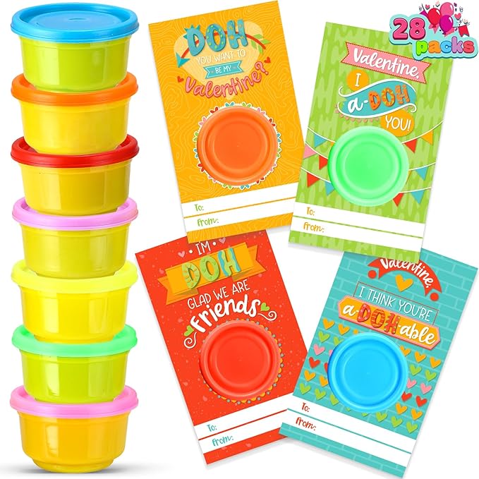 JOYIN 28 PCS Valentine Day Gift Cards with Colorful Playing Dough for Kids Party Favors, Valentine's Classroom Exchange Prize