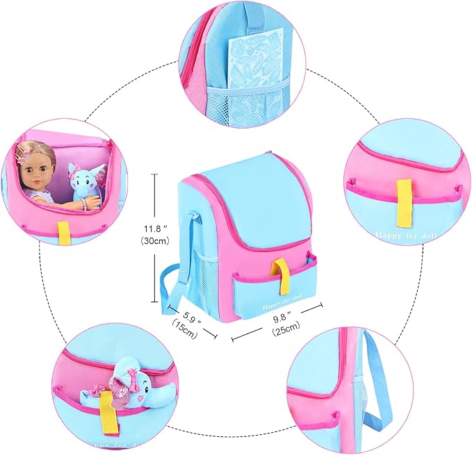 UNICORN ELEMENT 18 Inch Girl Doll Accessories with Doll Carrier Bag + Dress + 2 Hairpins + Blue Sticker + Bracelets + Toy Elephant, Baby Doll Clothes and Accessories for 18 Inch Doll (No Doll)