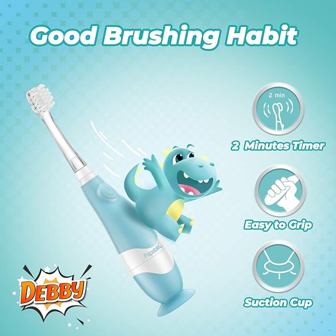 Papablic Toddler Sonic Electric Toothbrush for Ages 1-3 Years, Baby Electric Toothbrush with Cute Dino Cover and Smart LED Timer, 2 Brush Heads (Debby)